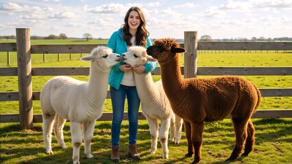 Obraz premium Smiling woman standing with alpacas on a farm. Two white alpacas touching noses in a field. Rural lifestyle and animal interaction concept