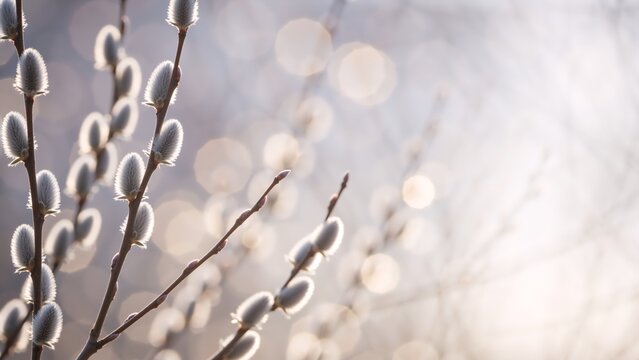 Close up of pussy willow branches with fuzzy silver catkins. Spring nature background with soft bokeh light. Early spring growth and renewal concept