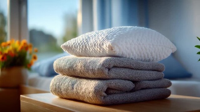 Serene Bedroom Essentials: A neatly stacked pile of soft bedding, including a pristine pillow and plush blankets, bathed in the soft glow of natural light, evoking comfort and tranquility.