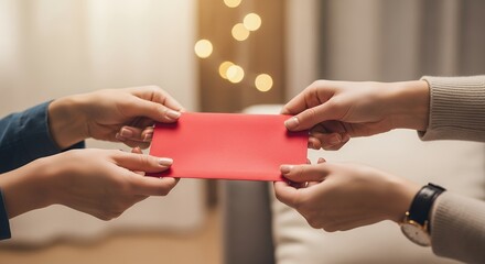 Two people exchanging a red envelope in a cozy indoor setting