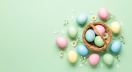 Easter sunday celebration with colorful eggs and decorative nest on pastel background