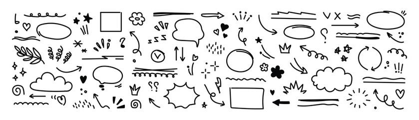 Arrow hand drawn line set. Scribble sketch line element in hand drawn black marker, pencil stroke style. Decorative curve arrow, underline, Vector illustration. © Gfxgner