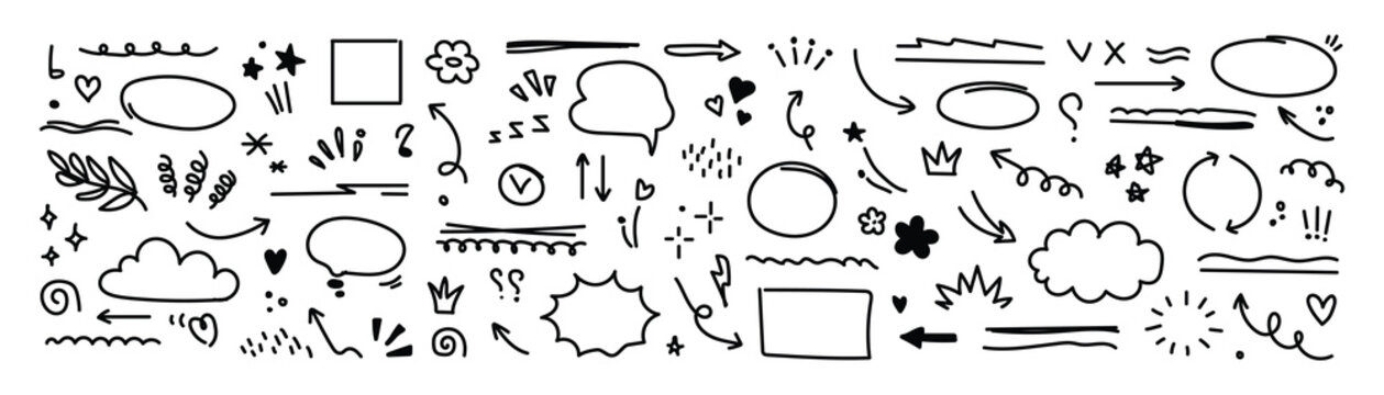 Arrow hand drawn line set. Scribble sketch line element in hand drawn black marker, pencil stroke style. Decorative curve arrow, underline, Vector illustration.