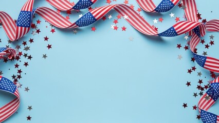 Fototapeta premium Patriotic american ribbons and stars on light blue background for independence day celebrations