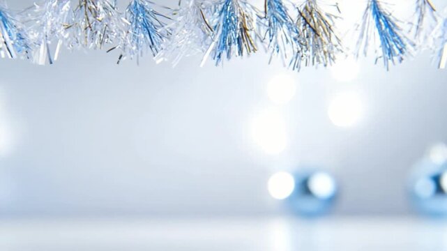 Winter Wonder: A festive display of silver and blue tinsel and shimmering ornaments evokes a sense of winter wonder and holiday cheer.