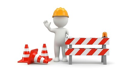 3D figure in hard hat gesturing near traffic cones and barrier on plain white background