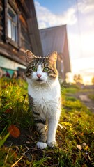 Alert Cat in Rural Setting - A Portrait of Domesticity.