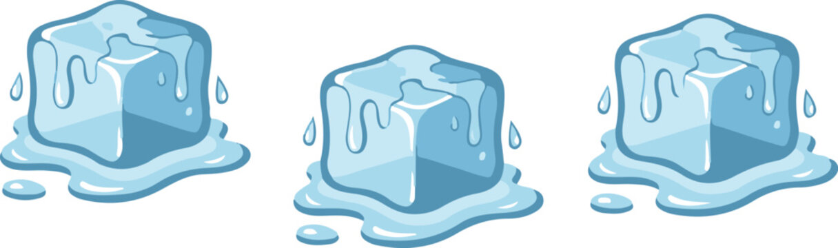 Vector illustration set of three melting blue ice cubes featuring glossy textures, dripping water droplets, and liquid puddles at the base.