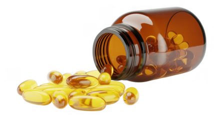Amber bottle with yellow pills isolated on a transparent background