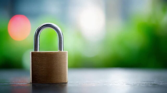 Lock of Security Amidst Nature: A close-up view of a secure padlock set against a soft bokeh backdrop of verdant nature. The image invokes themes of protection and privacy.