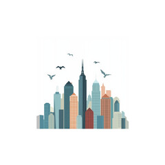 Obraz premium Modern city skyline vector illustration with various skyscrapers and flying birds. A dynamic graphic design representing urban architecture, metropolitan life, and contemporary cityscapes