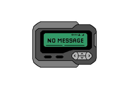 Retro pixel art pager device with green LCD screen displaying "No Message" text. Classic 90s beeper communication gadget vector illustration