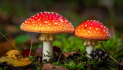 Amanita Muscaria Mushrooms - A Close-Up of Forest Fungi.