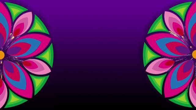 Animation of Flower Rangoli Mandalas rotating, traditional India decorative border frame Design for invitation, wedding, Diwali. Indian festival of lights holiday celebration,  black purple background