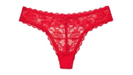 A close-up studio shot of luxurious red lace thong underwear for women