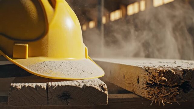 Construction Safety: Close-up of a construction site featuring a sturdy wooden beam and a safety hard hat, all dusted with a fine layer of sawdust