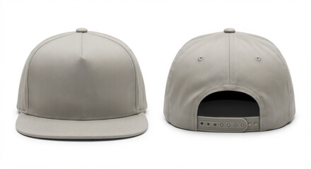 Fototapeta premium Front and back snapback hat mockup, neutral color, no logo, symmetrical view, photorealistic, isolated background, high quality