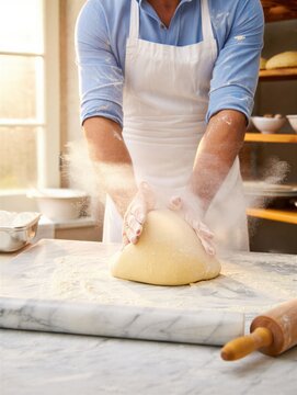 A baker in an apron kneads fresh dough on a marble surface, surrounded by flour and kitchen tools. Baking and culinary preparation.