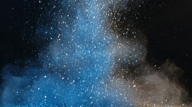 Celestial Dust: A mesmerizing cloud of cosmic dust particles, swirling in shades of blue and silver against a dark abyss, hinting at the birth of stars and the mysteries of the universe.
