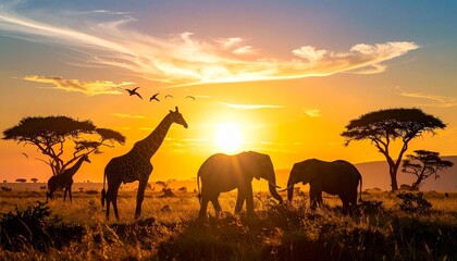 Majestic African savanna wildlife at sunset with elephants and giraffes under acacia trees