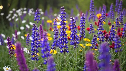 Vibrant wildflowers in a meadow, captured at eye level. The video showcases purple, yellow, and red blooms with a soft, blurred background. Live desktop wallpaper.
