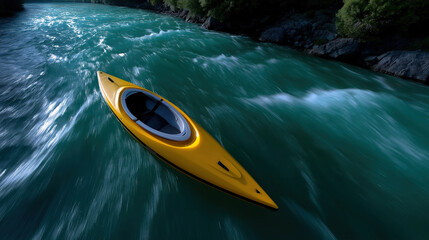 Kayak moves quickly on river during daytime
