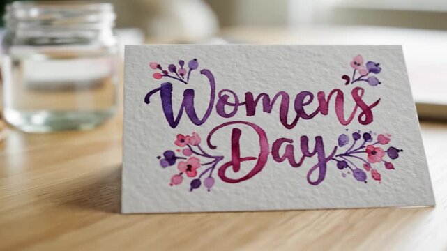 Handmade watercolor card with Women's Day calligraphy and floral patterns. Creative artistic setup with paints and brushes on wooden table. Perfect for holiday greetings and empowerment content.