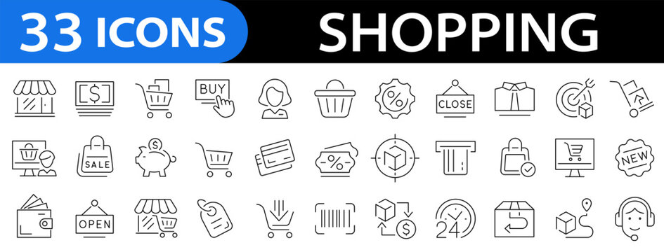 Shopping icon set. Online shopping icon. E-commerce. Store, delivery, Supermarket, promotion, shopping cart symbol. Vector illustration