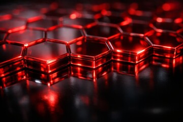 Futuristic Red Hex Light Blocks On Dark Reflective Surface Sci-Fi Glowing Hexagonal Tech Tiles With Red Energy