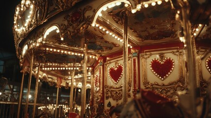 Vintage carousel ride with heart decorations, lovers laughing as they spin, fairground lights at night, Valentine's Day fun, 8k, realistic, full ultra HD, high resolution, cinematic photography