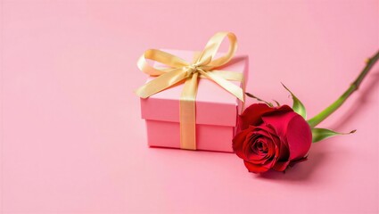A pink gift box adorned with a golden ribbon sits next to a vibrant red rose on a soft pink background. Perfect for romantic occasions.