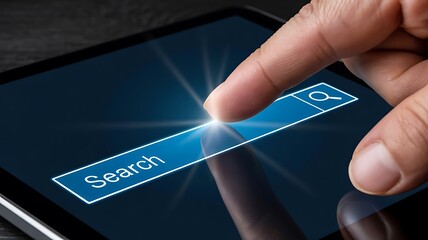Close-up of Finger Entering Data into Digital Search Bar on Glowing Touchscreen Interface