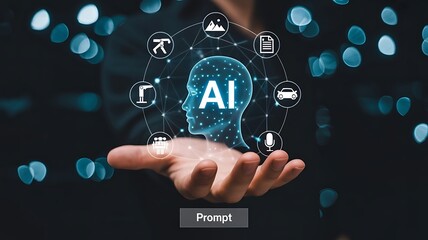 Close-up of human hand interacting with glowing artificial intelligence interface and digital data icons for machine learning and business automation