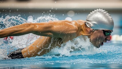 Dynamic male swimmer wearing a cap and goggles performing a butterfly stroke with water splashing in the pool. AI generated.
