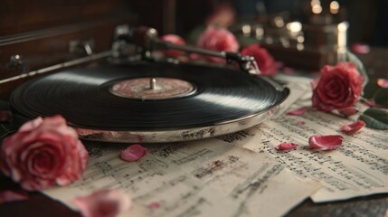 Vintage record player spinning a love song, surrounded by roses and sheet music, nostalgic Valentine's Day, 8k, realistic, full ultra HD, high resolution, cinematic photography