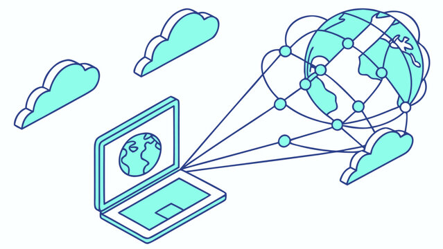 Floating laptop projecting a 3d global network connection with clouds and earth
