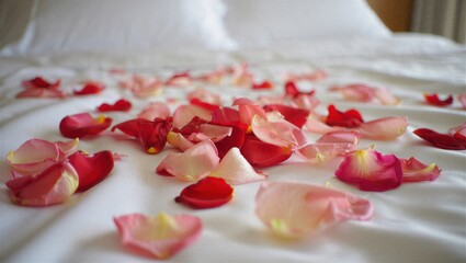 Rose petals in various shades of pink and red are scattered across a white bedspread, creating a romantic and inviting atmosphere. Perfect for wedding or romantic settings.