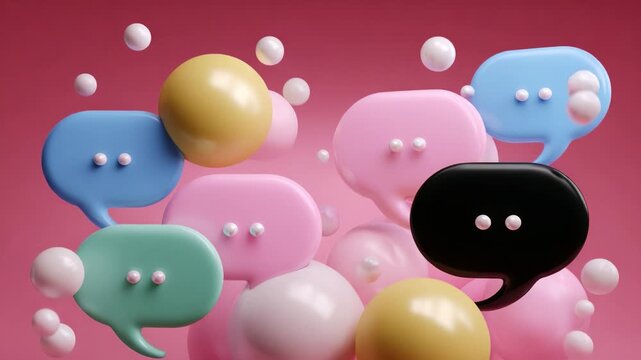 An Artistic Representation of Colorful Speech Bubbles Playfully Interacting with Soft Textured Spheres Against a Blurred Pink Background, Capturing the Essence of Communication and Expression