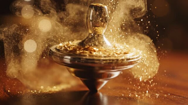 Golden Whirl: A mesmerizing display of motion unfolds as a top spins, surrounded by a cloud of golden particles, on a polished wooden surface.