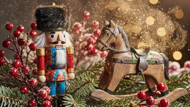 Christmas Cheer: Festive wooden toys, a nutcracker and a rocking horse, sit amidst the greenery, symbolizing the joy and anticipation of the holiday season.