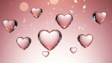 Pink shiny hearts floating on gradient pink background with sparkles and bokeh, festive valentine's day illustration.