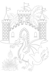 A vintage vector sketch of a fairy tale castle in the urban city and forest landscape featuring black line art illustration