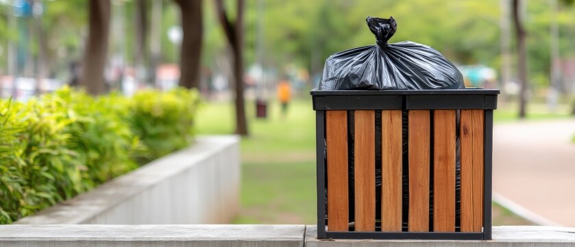 Wooden trash can with black bag stands in front of green bushes in a blurred park setting during daytime