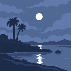 Moonlit Coastal Landscape Vector Illustration Night Scene