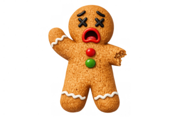 Gingerbread man screaming in pain with a bitten arm, expressing fear, loss, and survival during the holiday season