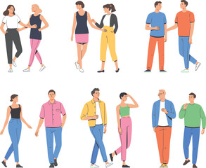 Obraz premium Walking people illustration, casual pair poses, social interaction vector, colorful character design, public behavior scene, friendship gesture icons