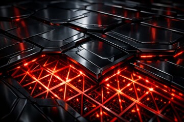  Sci-Fi Technology Panel With Glowing Red Network Futuristic Red Grid Core Embedded In Black Tech Surface
