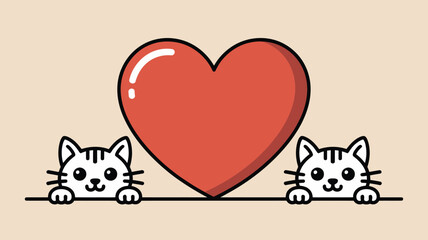 Two kittens peeking behind a heart Vector, illustration