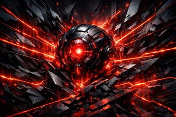 Futuristic Red Energy Sphere Embedded In Dark Technology Sci-Fi Power Core With Radiating Red Neon Shockwaves
 