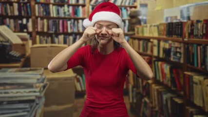 Woman in red shirt and santa hat pinches her cheeks with both hands while standing among bookshelves in a building; tired holiday humor.